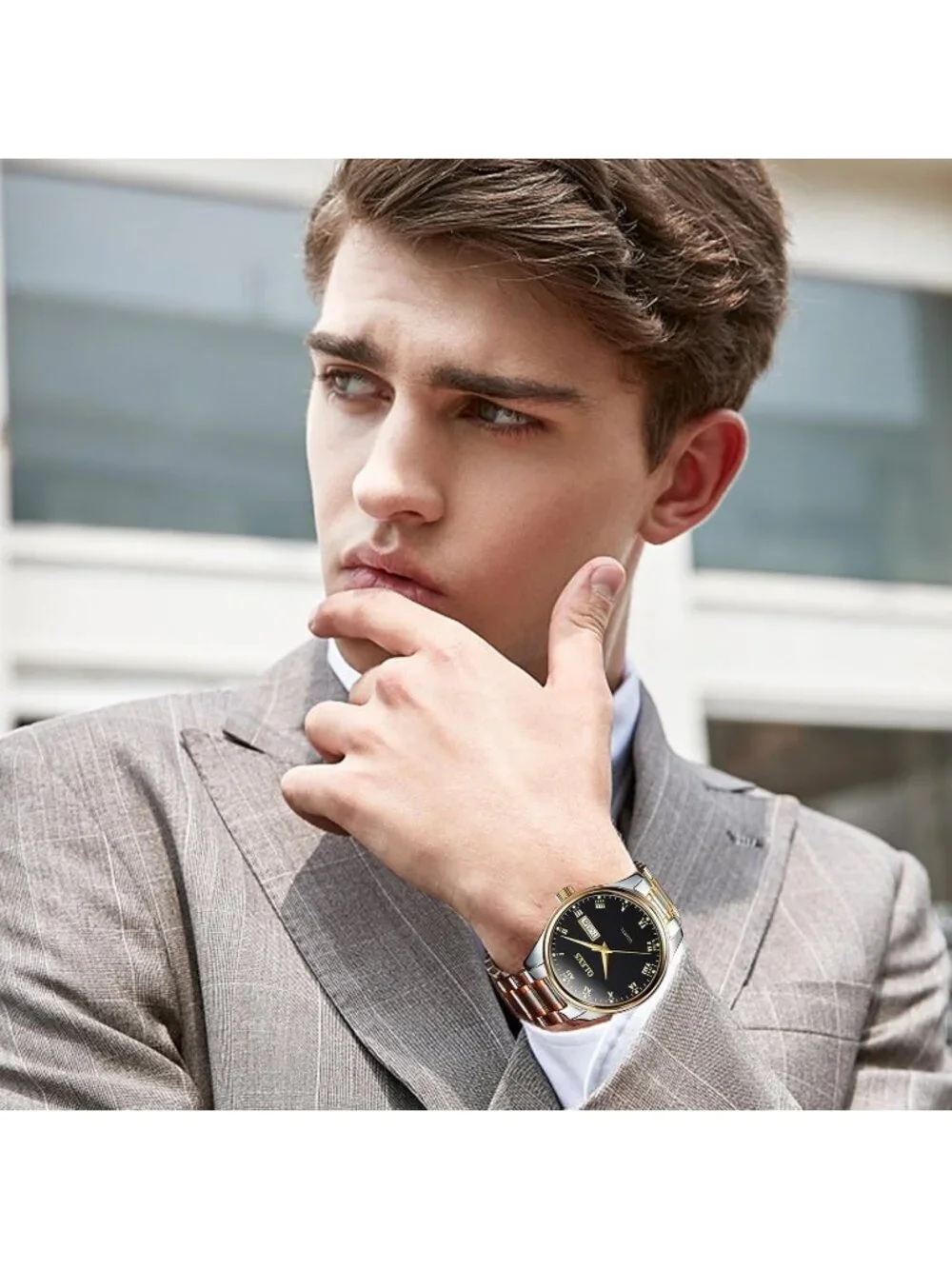 Mens Silver Black Stainless Steel Luminous Quartz Waterproof Round Classic Watch